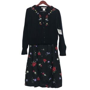Sister Sister Dark Floral Embroidered Button Up Cardigan & MIDI Skirt Set Sz M